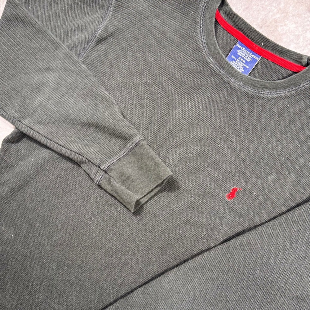 Polo Ralph Lauren Mens Waffle Knit Thermal Long Sleeve Shirt Grey Green Medium